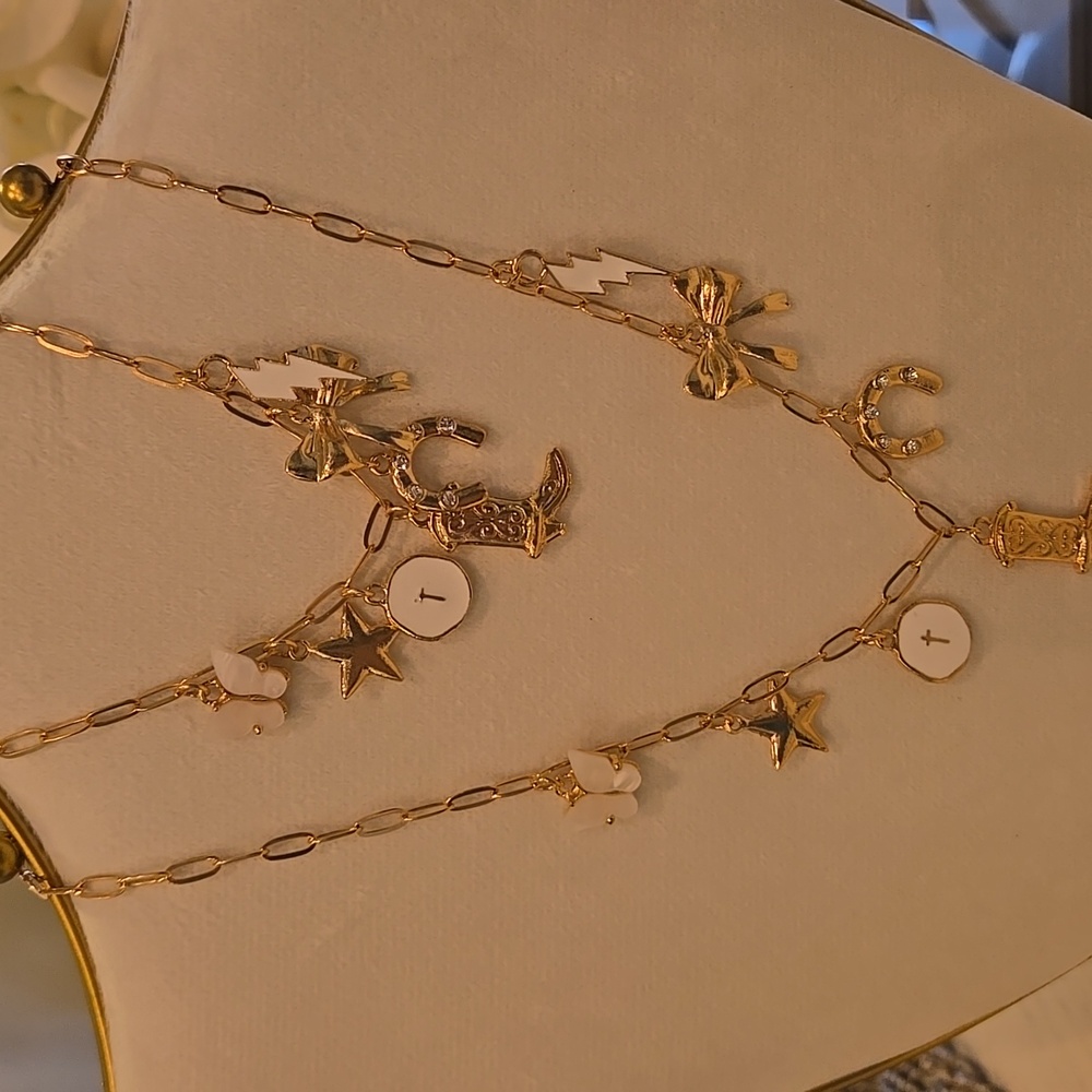 2fer Set Gold Western Sassy Cowgirl  Charm Bracelet And Paperclip Chain Necklace